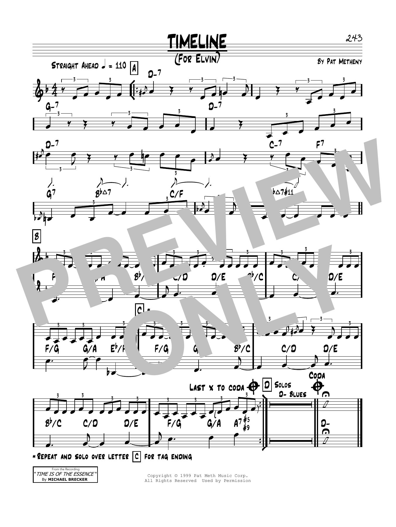 Pat Metheny Timeline sheet music notes and chords arranged for Real Book – Melody & Chords