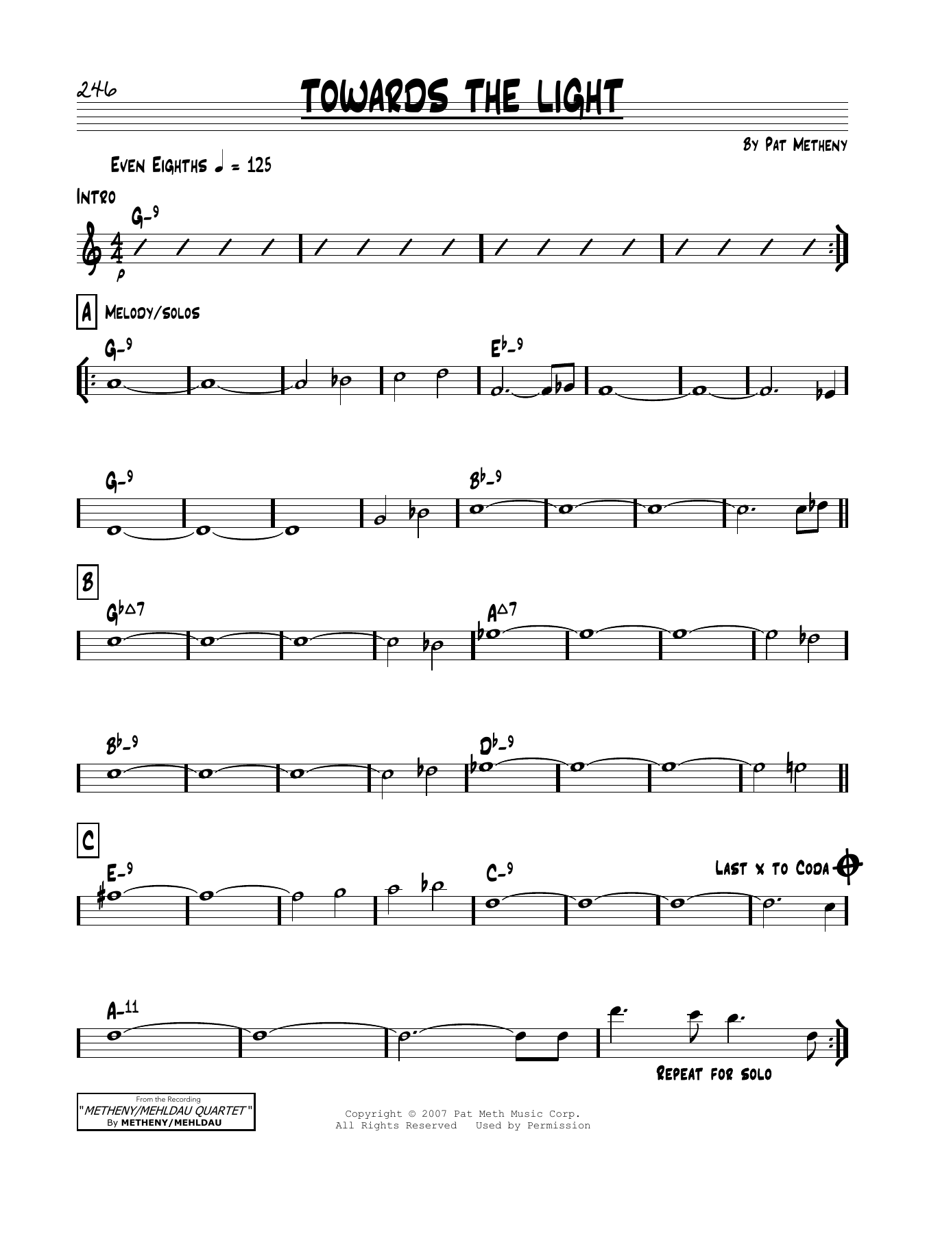 Pat Metheny Towards The Light sheet music notes and chords arranged for Real Book – Melody & Chords