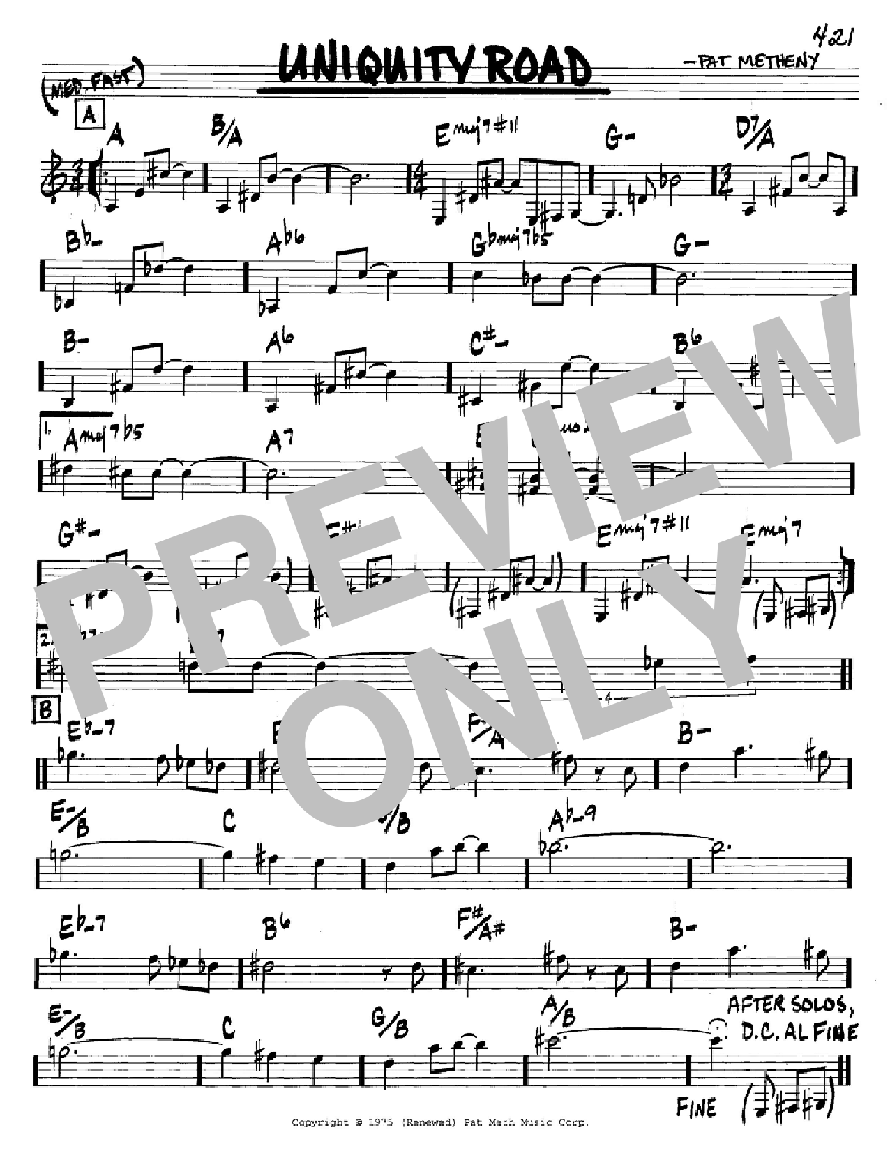 Pat Metheny Uniquity Road sheet music notes and chords arranged for Real Book – Melody & Chords – C Instruments