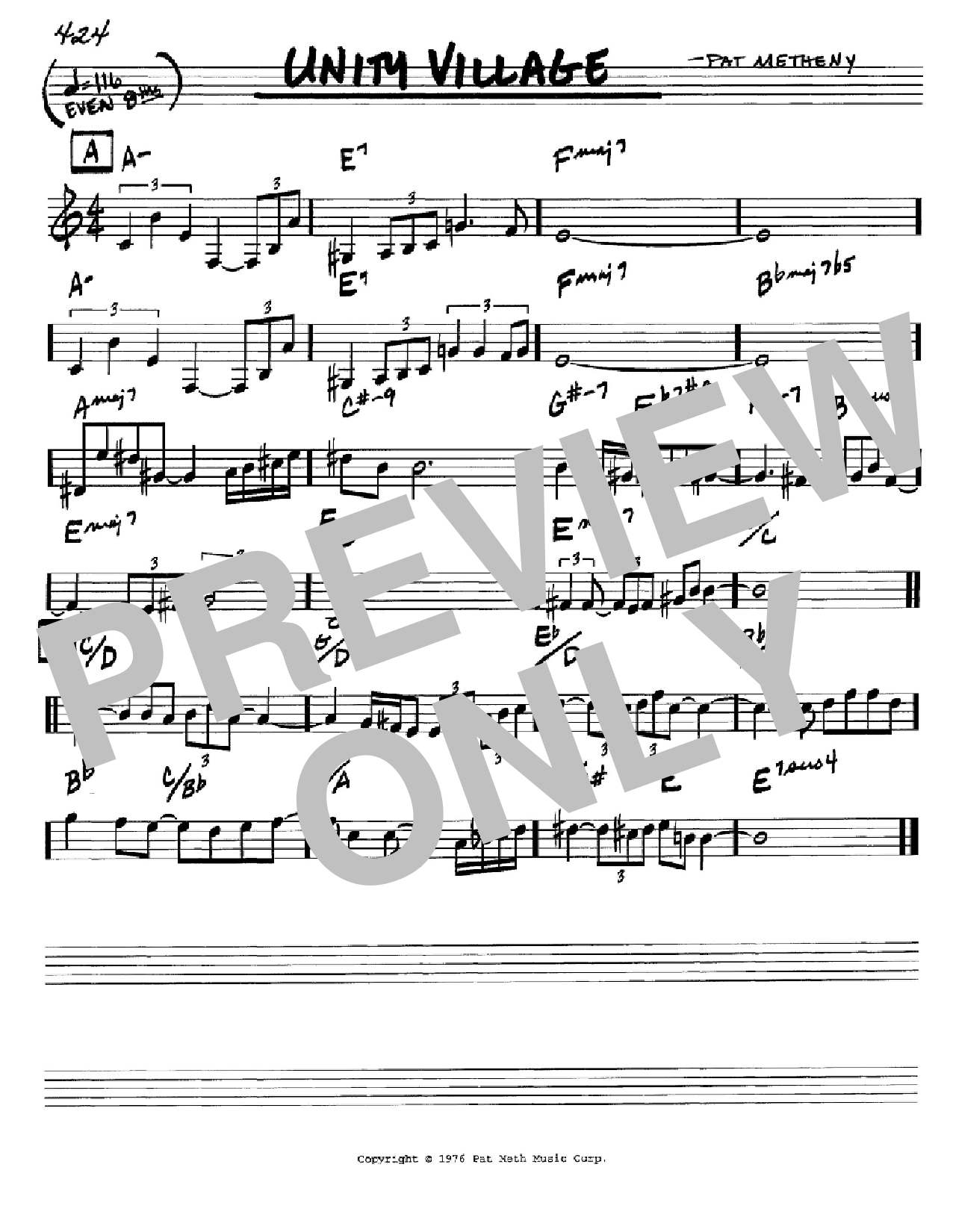 Pat Metheny Unity Village sheet music notes and chords arranged for Real Book – Melody & Chords – Bass Clef Instruments