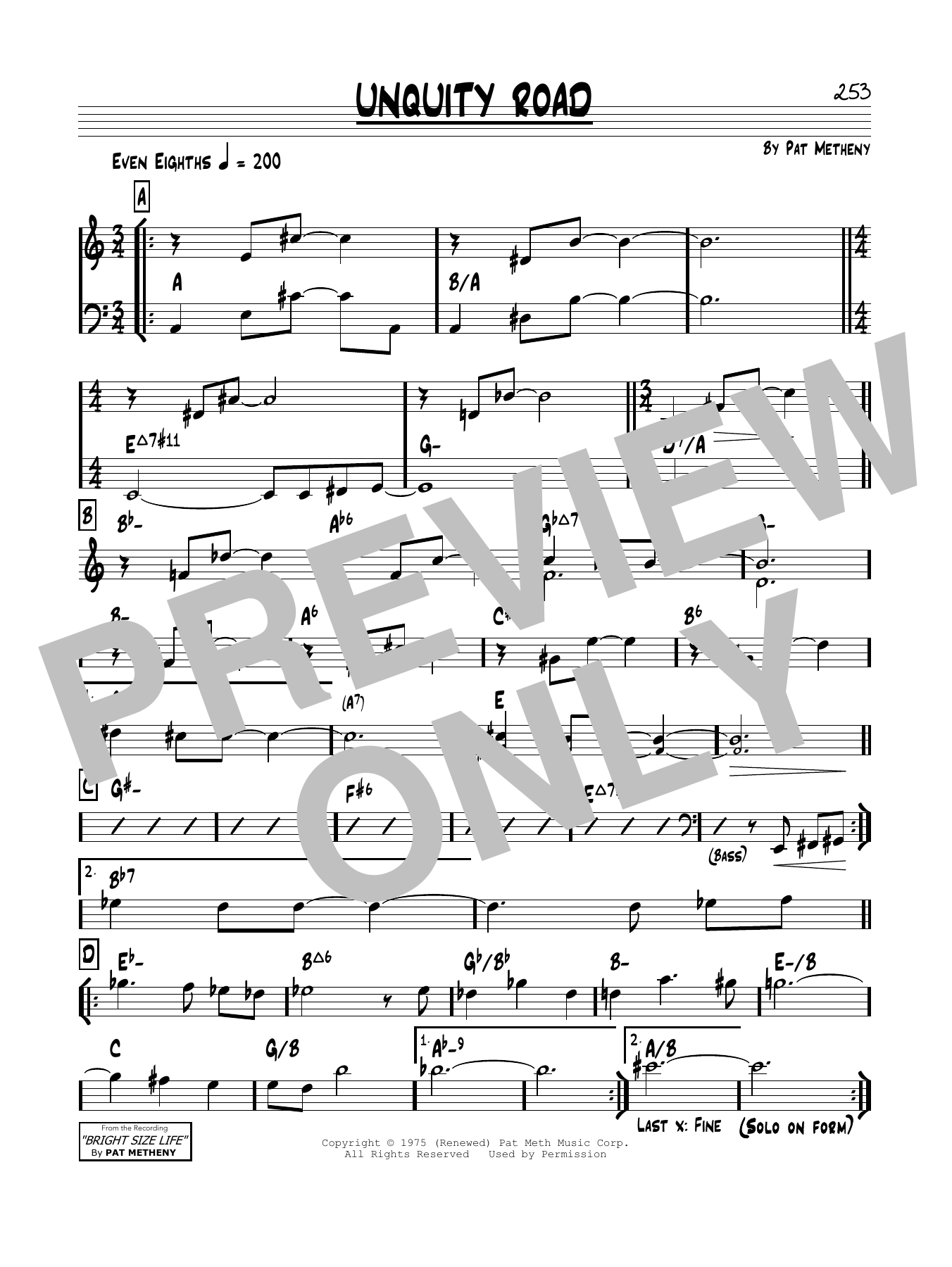 Pat Metheny Unquity Road sheet music notes and chords arranged for Real Book – Melody & Chords