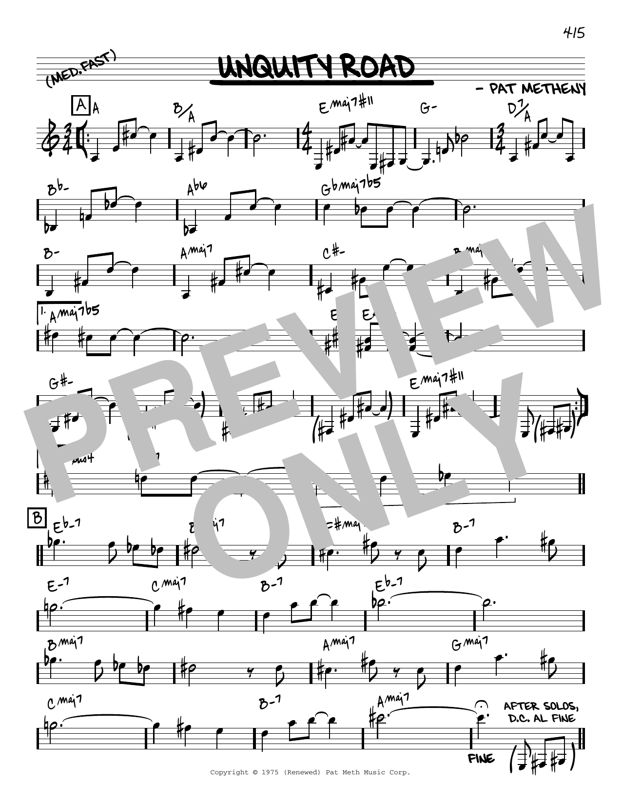 Pat Metheny Unquity Road [Reharmonized version] (arr. Jack Grassel) sheet music notes and chords arranged for Real Book – Melody & Chords