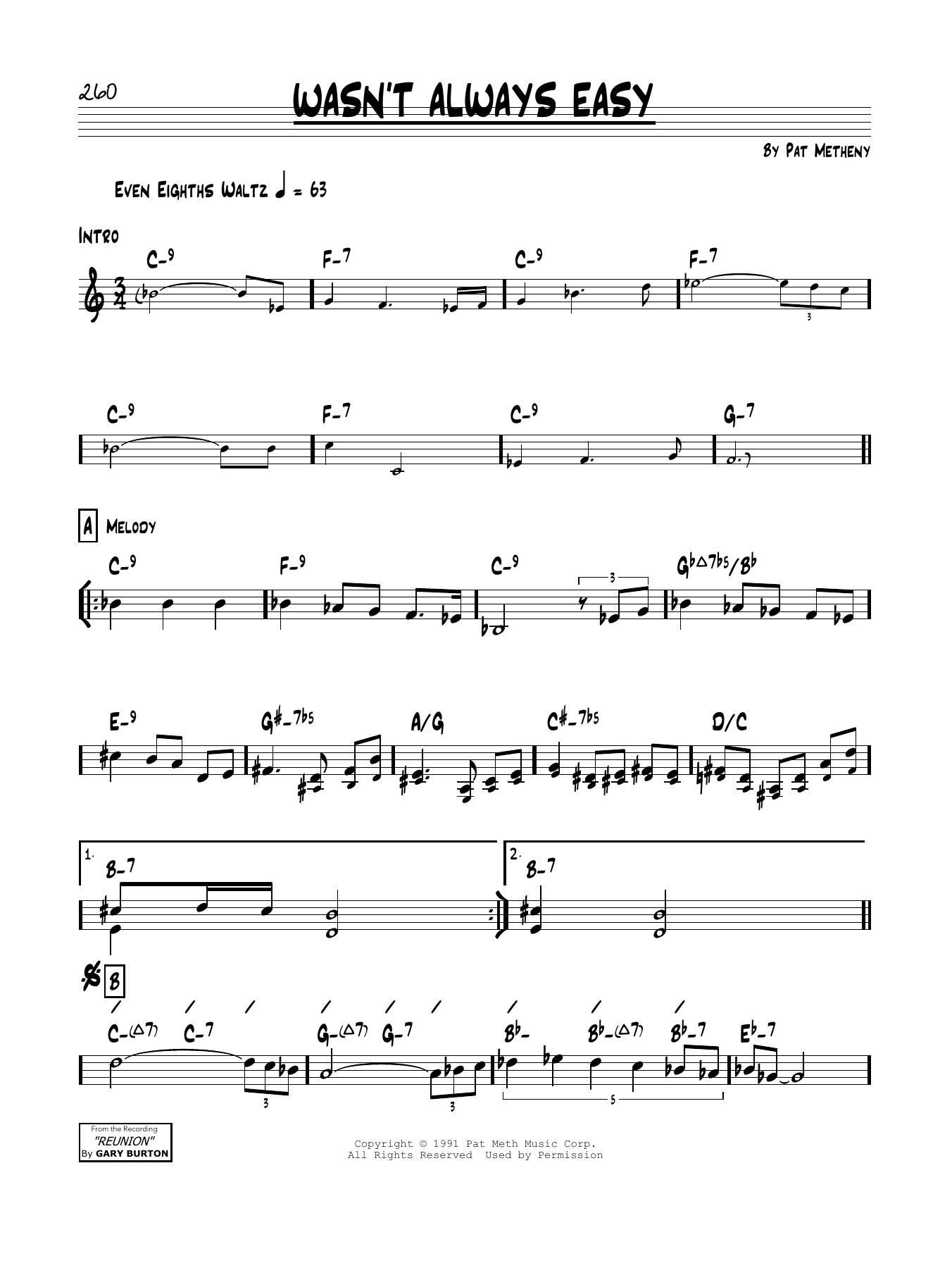 Pat Metheny Wasn't Always Easy sheet music notes and chords arranged for Real Book – Melody & Chords