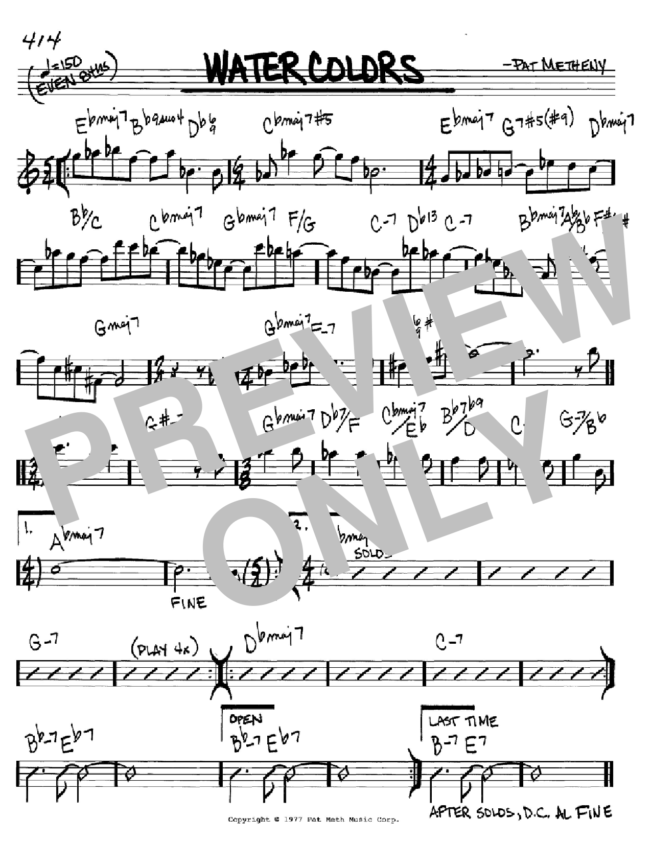Pat Metheny Watercolors sheet music notes and chords arranged for Real Book – Melody & Chords