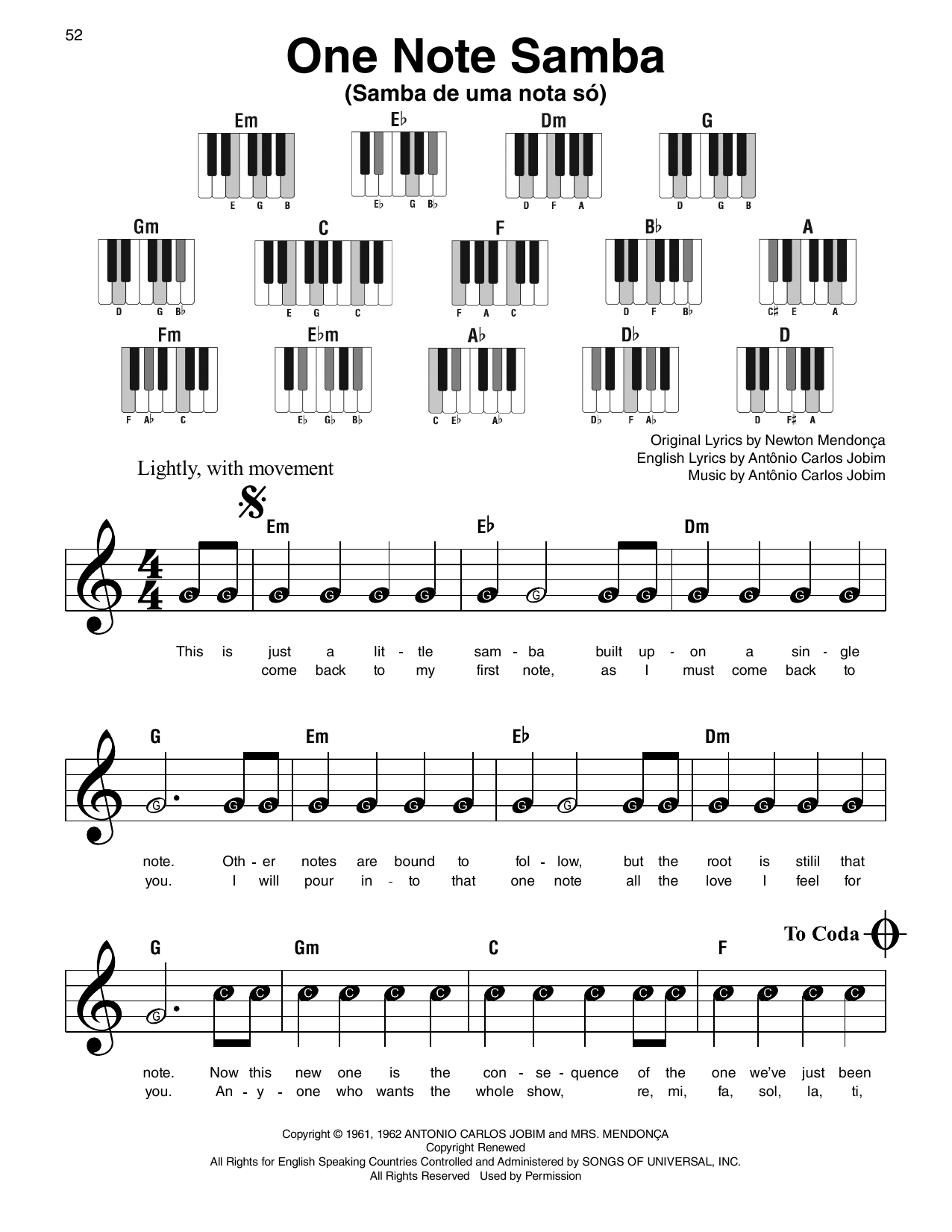 Pat Thomas One Note Samba (Samba De Uma Nota Só) sheet music notes and chords arranged for Super Easy Piano
