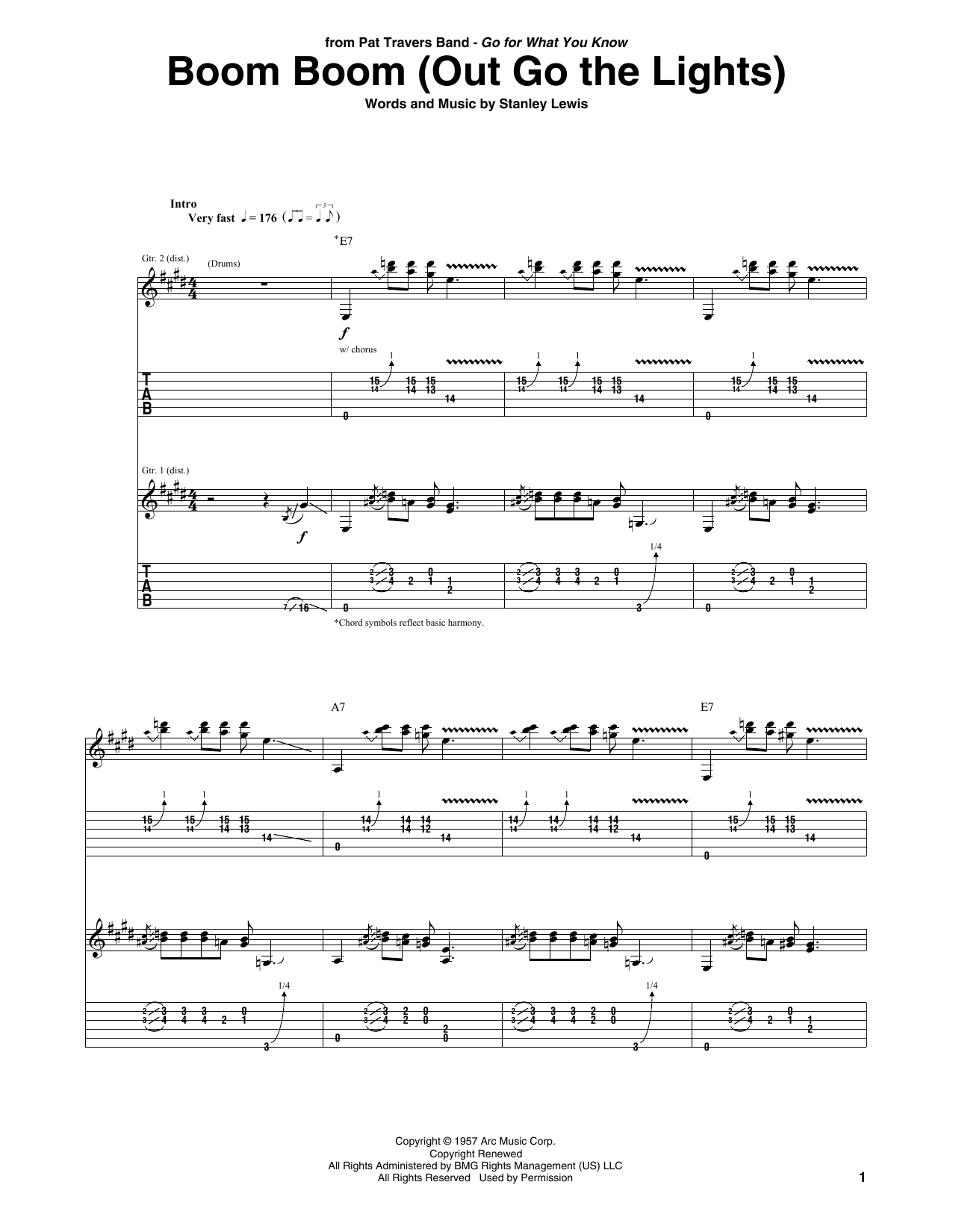 Pat Travers Boom Boom (Out Go The Lights) sheet music notes and chords arranged for Guitar Tab
