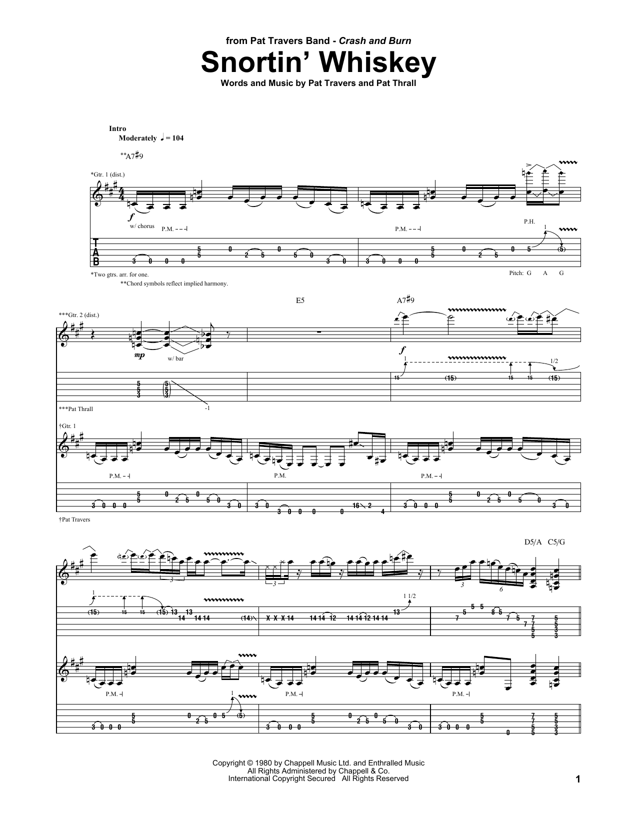 Pat Travers Snortin' Whiskey sheet music notes and chords arranged for Guitar Tab (Single Guitar)
