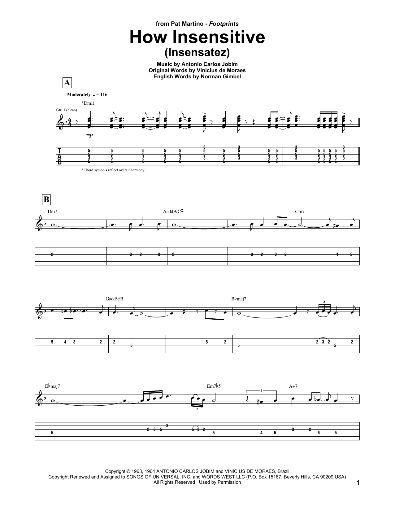 Pat Martino How Insensitive (Insensatez) sheet music notes and chords arranged for Guitar Tab