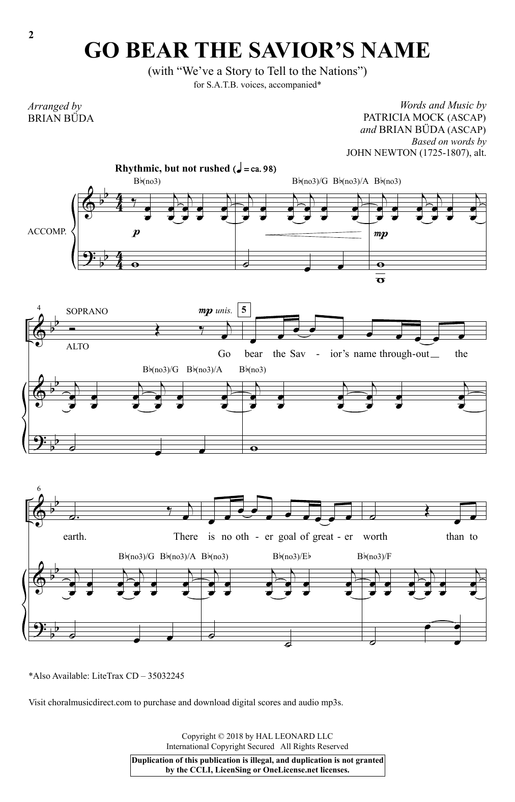 Patricia Mock & Brian Buda Go Bear The Savior's Name (With We've A Story To Tell) (arr. Brian Buda) sheet music notes and chords arranged for SATB Choir