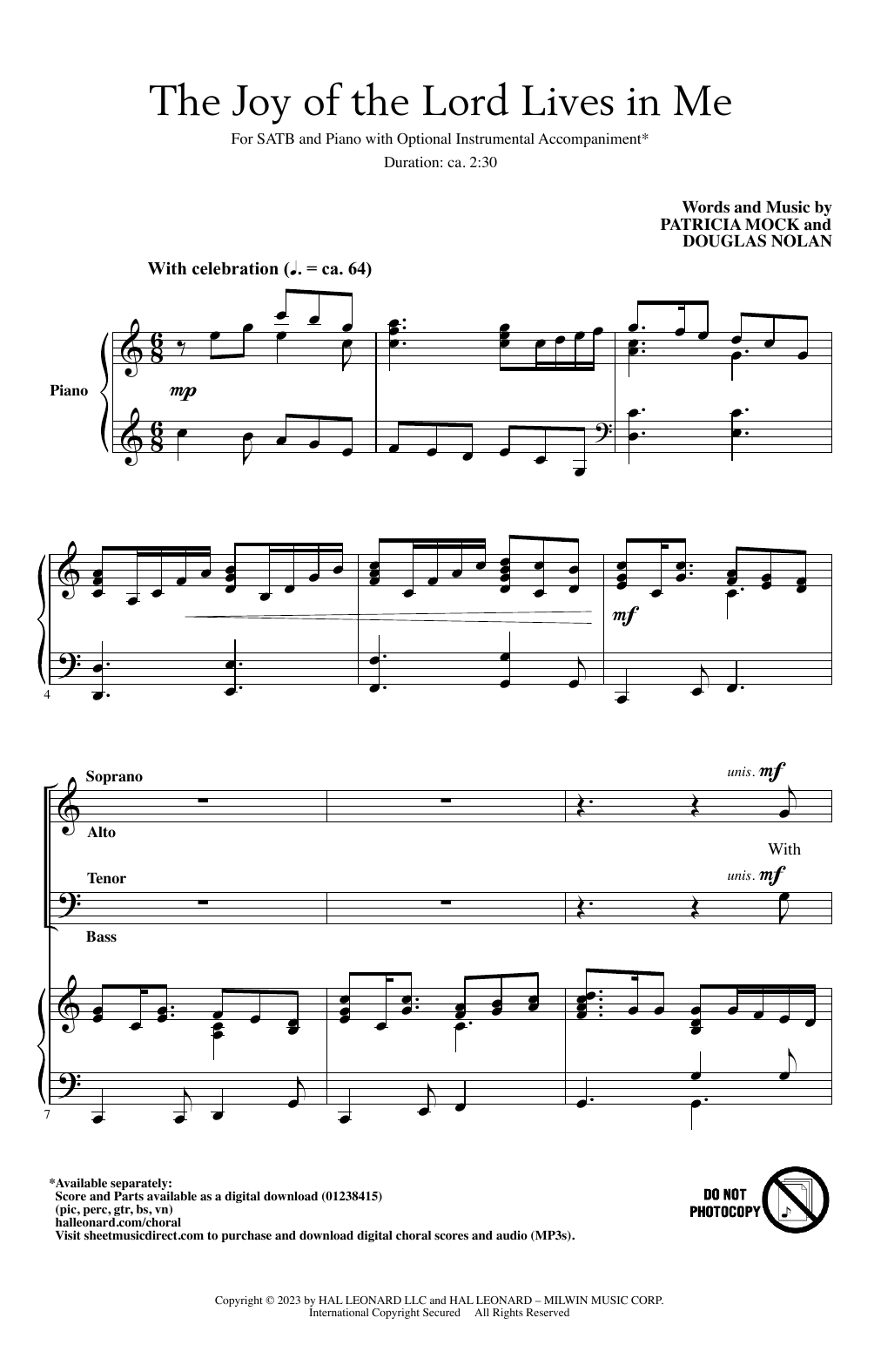 Patricia Mock and Douglas Nolan The Joy Of The Lord Lives In Me sheet music notes and chords arranged for SATB Choir