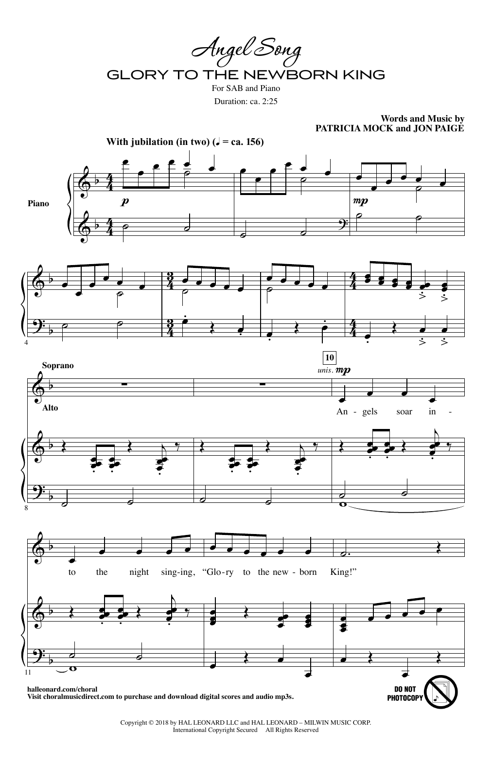 Patricia Mock Angel Song (Glory To The Newborn King) sheet music notes and chords arranged for SAB Choir