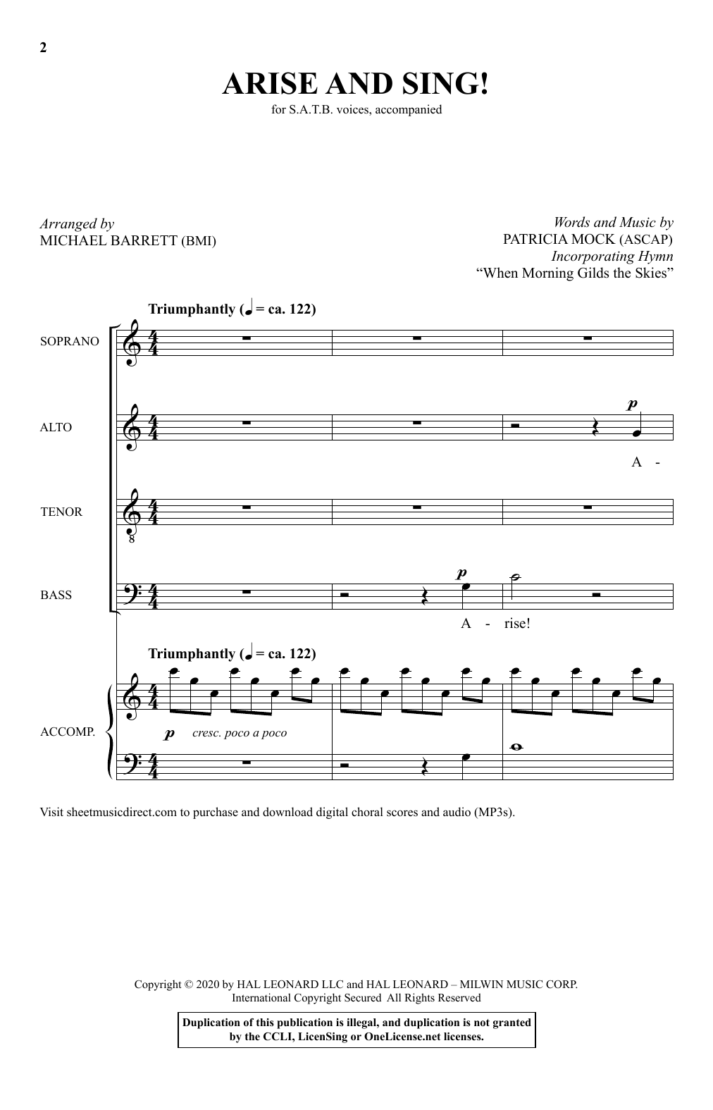 Patricia Mock Arise And Sing (arr. Michael Barrett) sheet music notes and chords arranged for SATB Choir