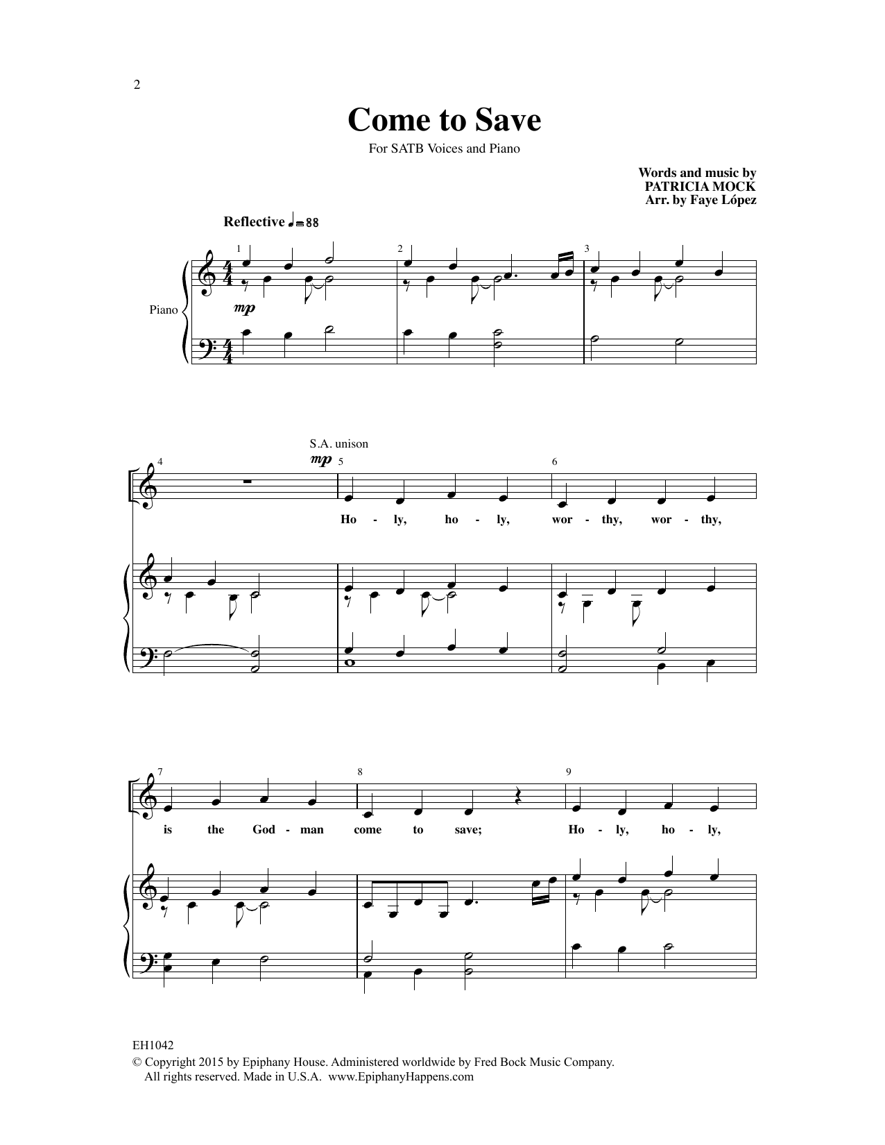 Patricia Mock Come To Save (arr. Faye Lopez) sheet music notes and chords arranged for SATB Choir