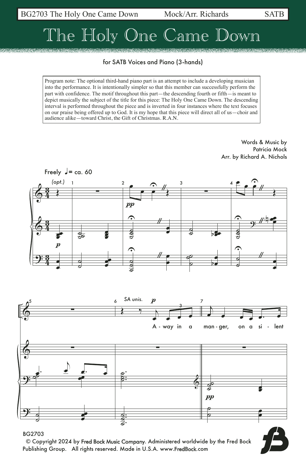 Patricia Mock The Holy One Came Down (arr. Richard A. Nichols) sheet music notes and chords arranged for SATB Choir