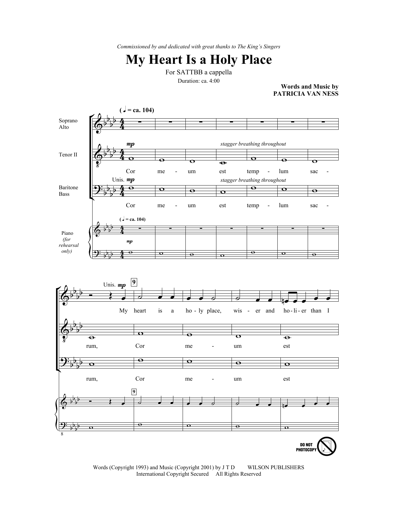 Patricia Van Ness Cor Meum Est Templum Sacrum (My Heart Is A Holy Place) sheet music notes and chords arranged for SATB Choir