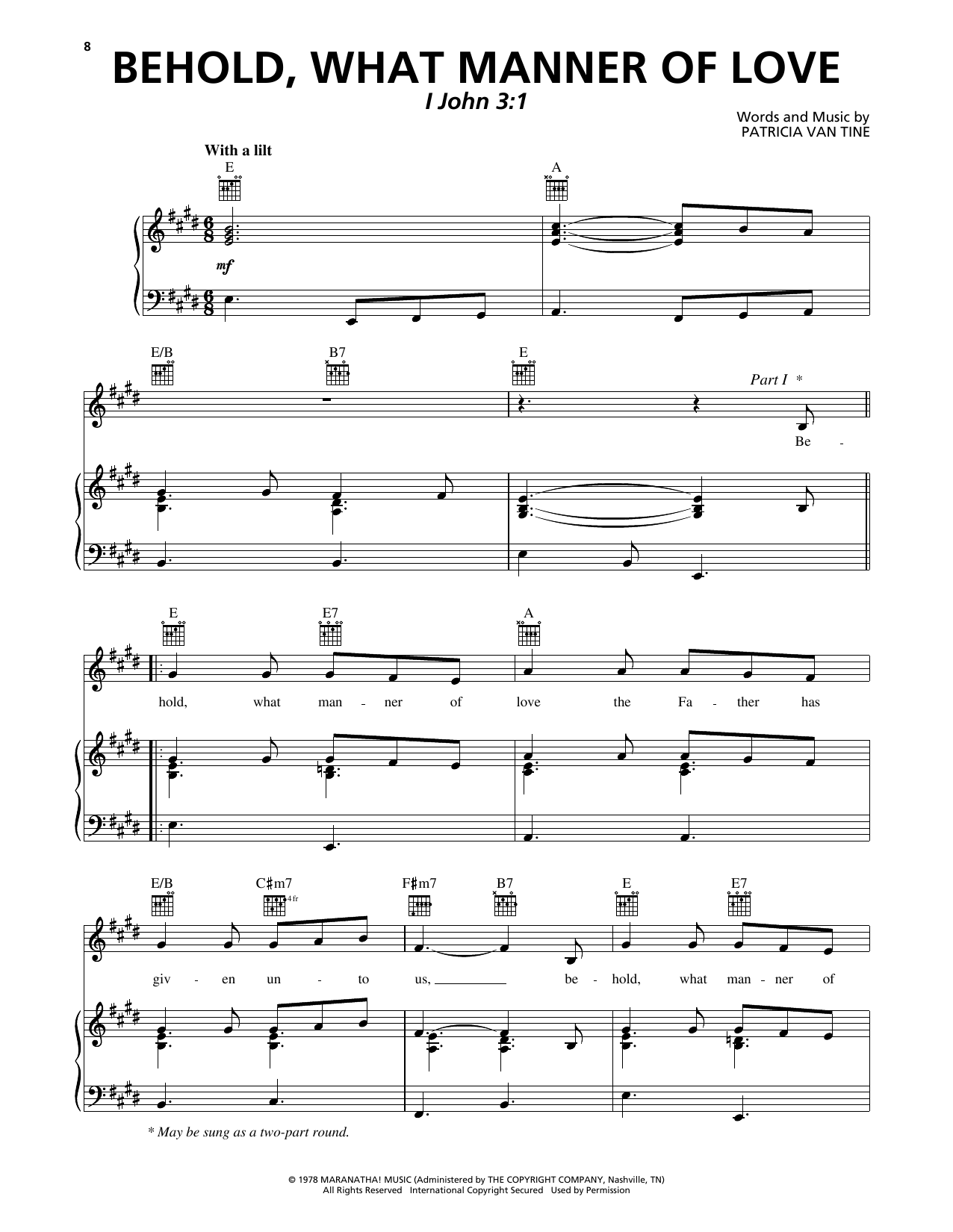 Patricia Van Tine Behold, What Manner Of Love sheet music notes and chords arranged for Piano, Vocal & Guitar Chords (Right-Hand Melody)