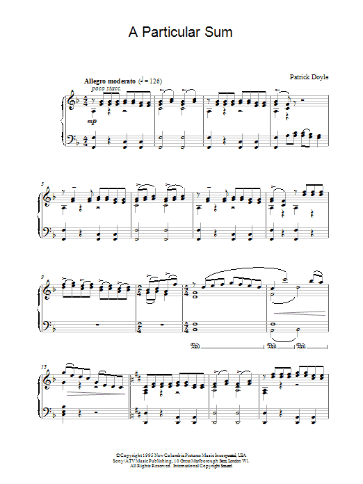 Patrick  Doyle A Particular Sum sheet music notes and chords arranged for Piano Solo