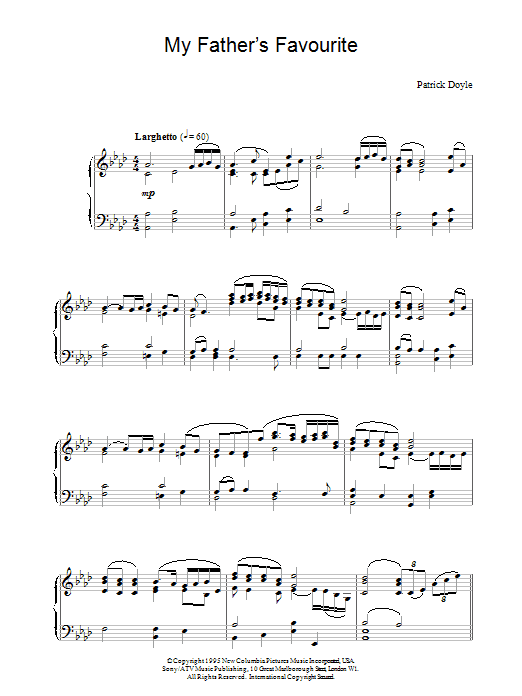 Patrick  Doyle My Father's Favourite sheet music notes and chords arranged for Piano Solo