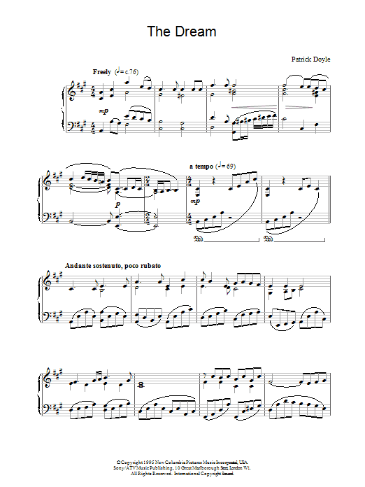 Patrick  Doyle The Dream sheet music notes and chords arranged for Piano Solo
