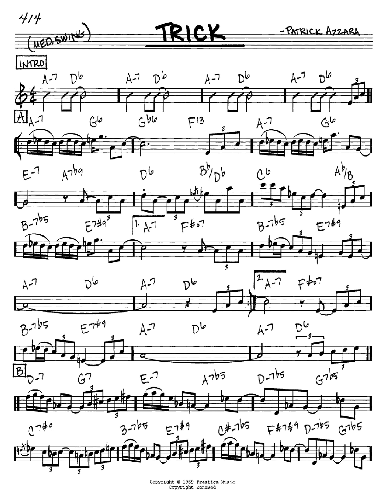 Patrick Azzara Trick sheet music notes and chords arranged for Real Book – Melody & Chords – C Instruments
