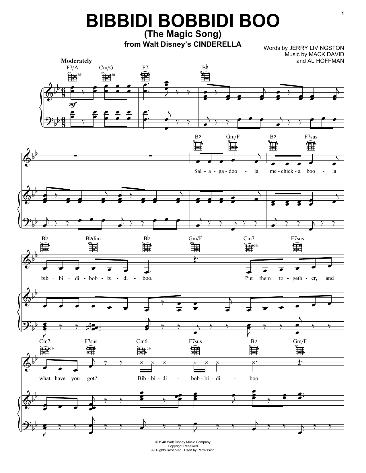 Patrick Doyle Bibbidi-Bobbidi-Boo (The Magic Song) (from the motion picture Cinderella) sheet music notes and chords arranged for Piano, Vocal & Guitar Chords (Right-Hand Melody)