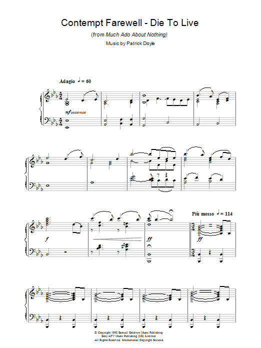 Patrick Doyle Contempt Farewell - Die To Live (from Much Ado About Nothing) sheet music notes and chords arranged for Piano Solo