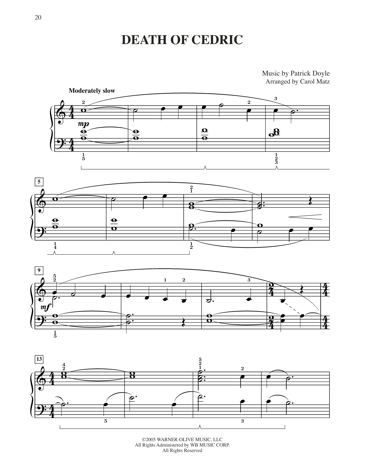 Patrick Doyle Death Of Cedric (from Harry Potter) (arr. Carol Matz) sheet music notes and chords arranged for Big Note Piano