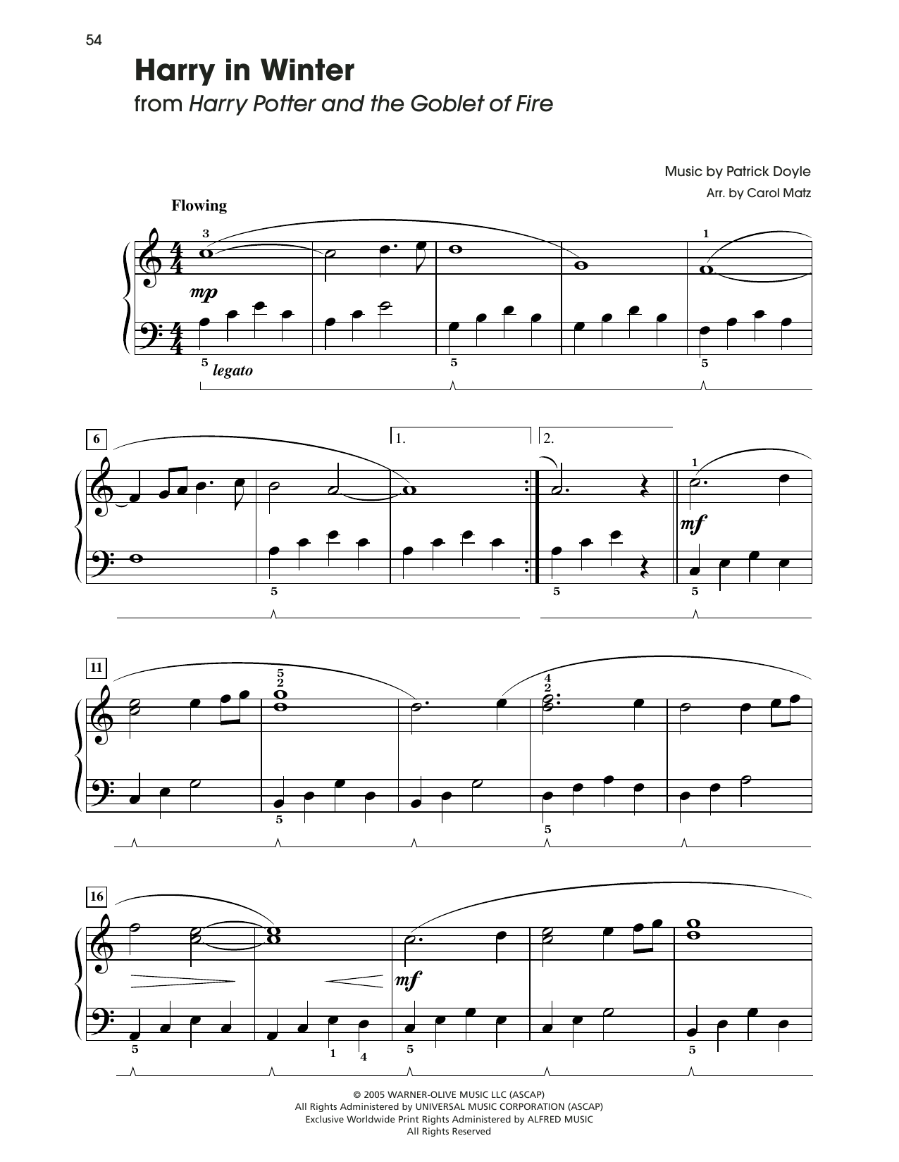 Patrick Doyle Harry In Winter (from Harry Potter) (arr. Carol Matz) sheet music notes and chords arranged for Big Note Piano