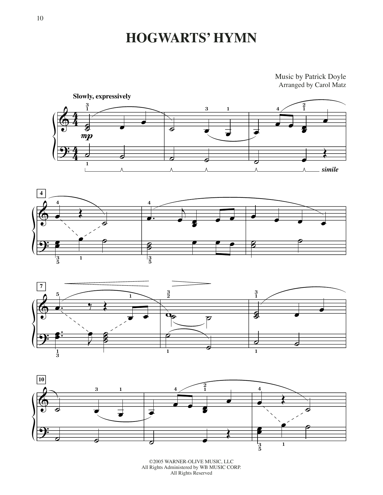 Patrick Doyle Hogwarts' Hymn (from Harry Potter) (arr. Carol Matz) sheet music notes and chords arranged for Big Note Piano