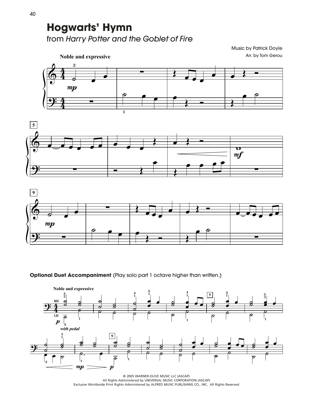 Patrick Doyle Hogwarts' Hymn (from Harry Potter) (arr. Tom Gerou) sheet music notes and chords arranged for 5-Finger Piano
