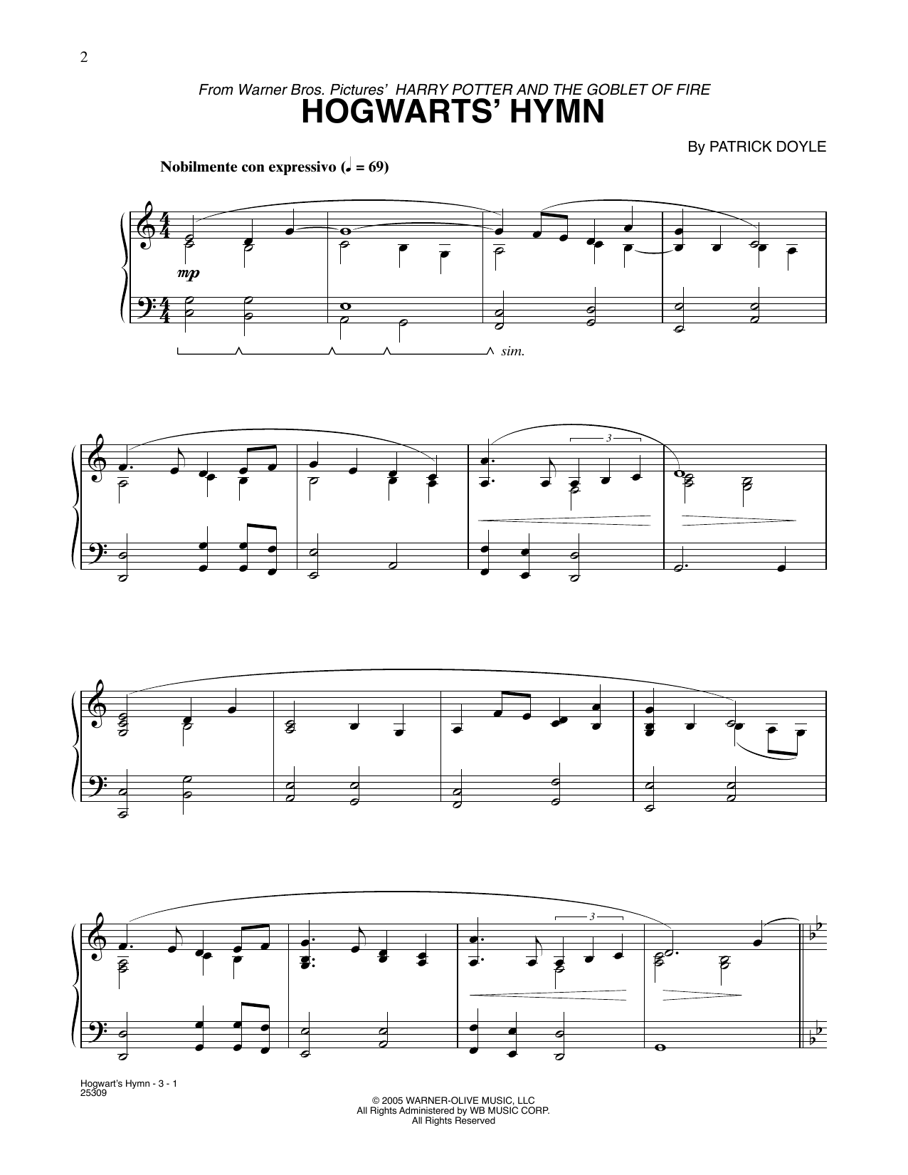 Patrick Doyle Hogwarts' Hymn (from Harry Potter) sheet music notes and chords arranged for Piano Solo