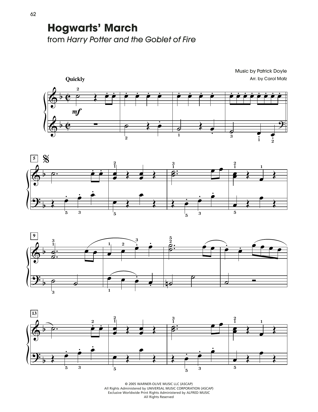 Patrick Doyle Hogwarts' March (from Harry Potter) (arr. Carol Matz) sheet music notes and chords arranged for Big Note Piano