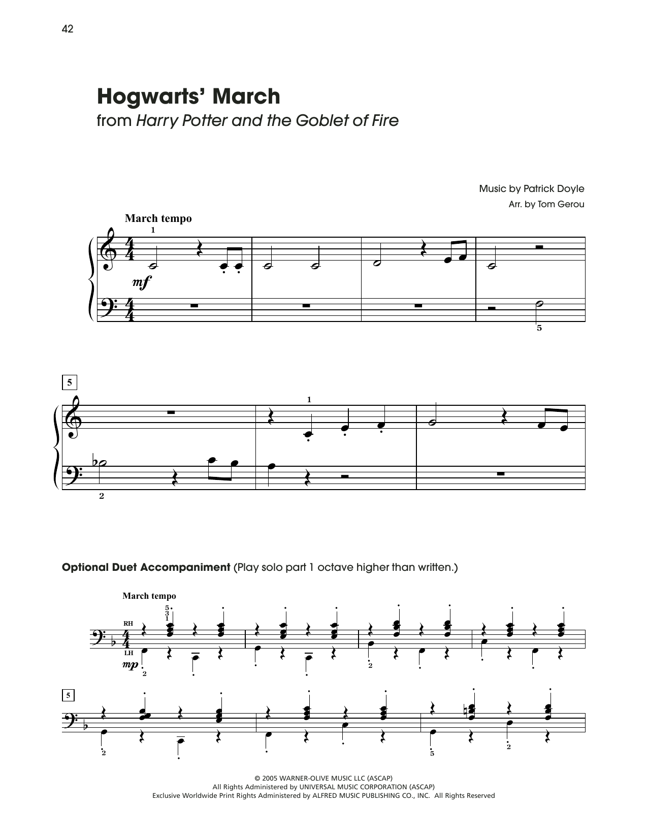 Patrick Doyle Hogwarts' March (from Harry Potter) (arr. Tom Gerou) sheet music notes and chords arranged for 5-Finger Piano