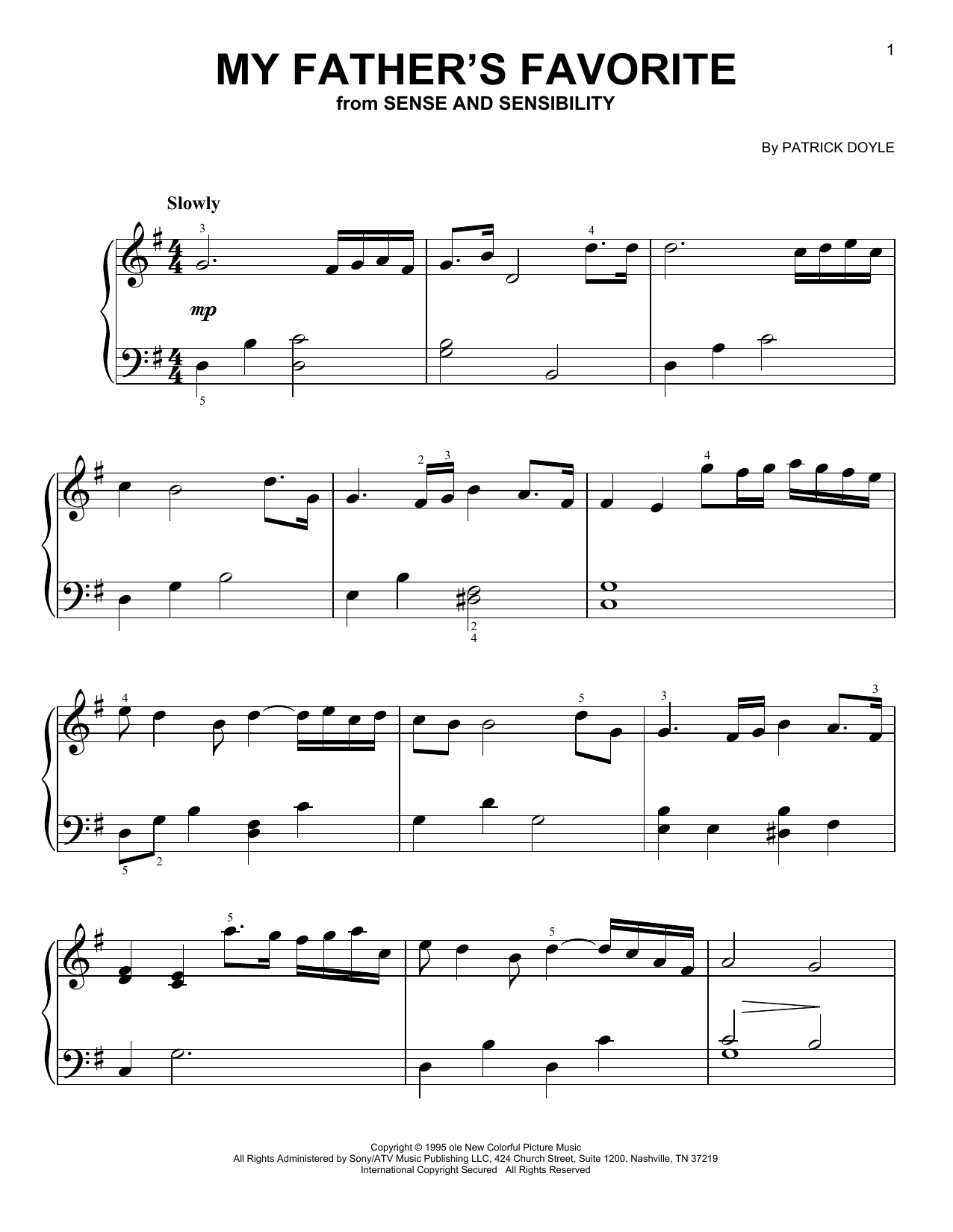Patrick Doyle My Father's Favorite (from Sense and Sensibility) sheet music notes and chords arranged for Very Easy Piano