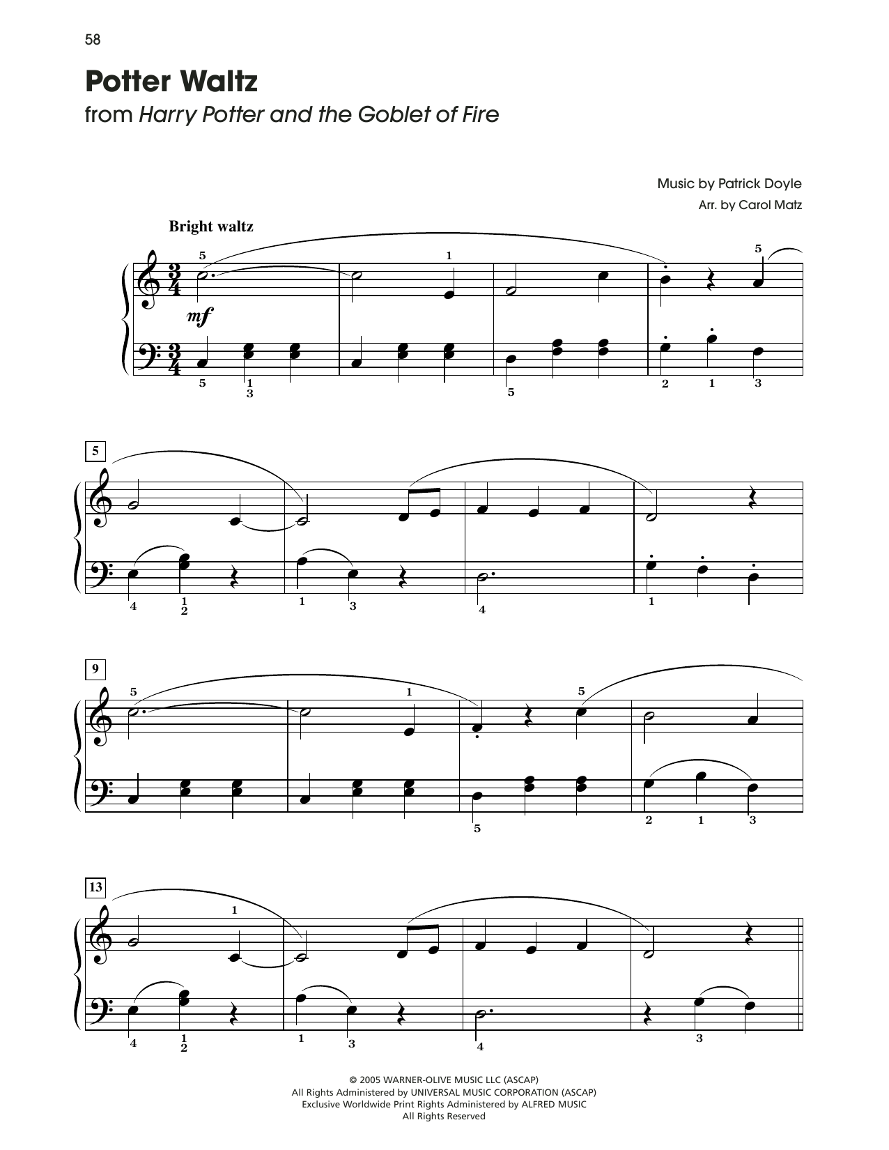 Patrick Doyle Potter Waltz (from Harry Potter) (arr. Carol Matz) sheet music notes and chords arranged for Big Note Piano