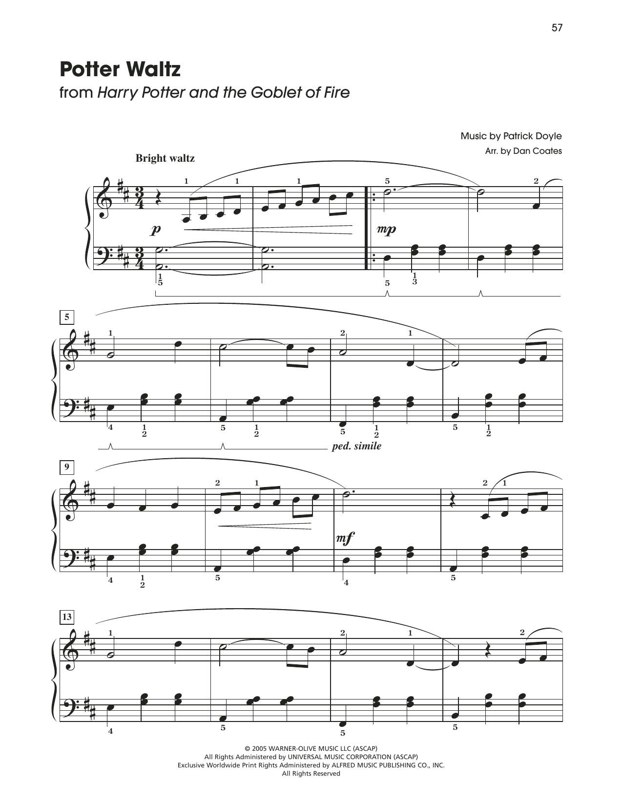 Patrick Doyle Potter Waltz (from Harry Potter) (arr. Dan Coates) sheet music notes and chords arranged for Easy Piano