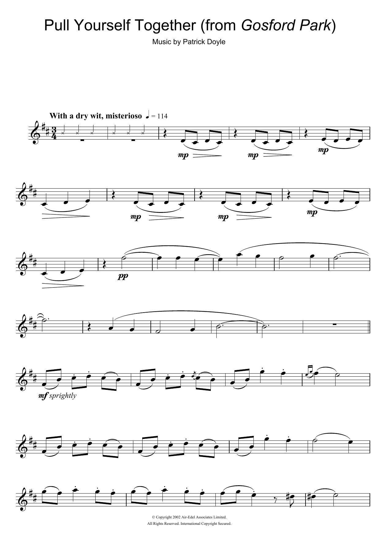 Patrick Doyle Pull Yourself Together (from Gosford Park) sheet music notes and chords arranged for Violin Solo