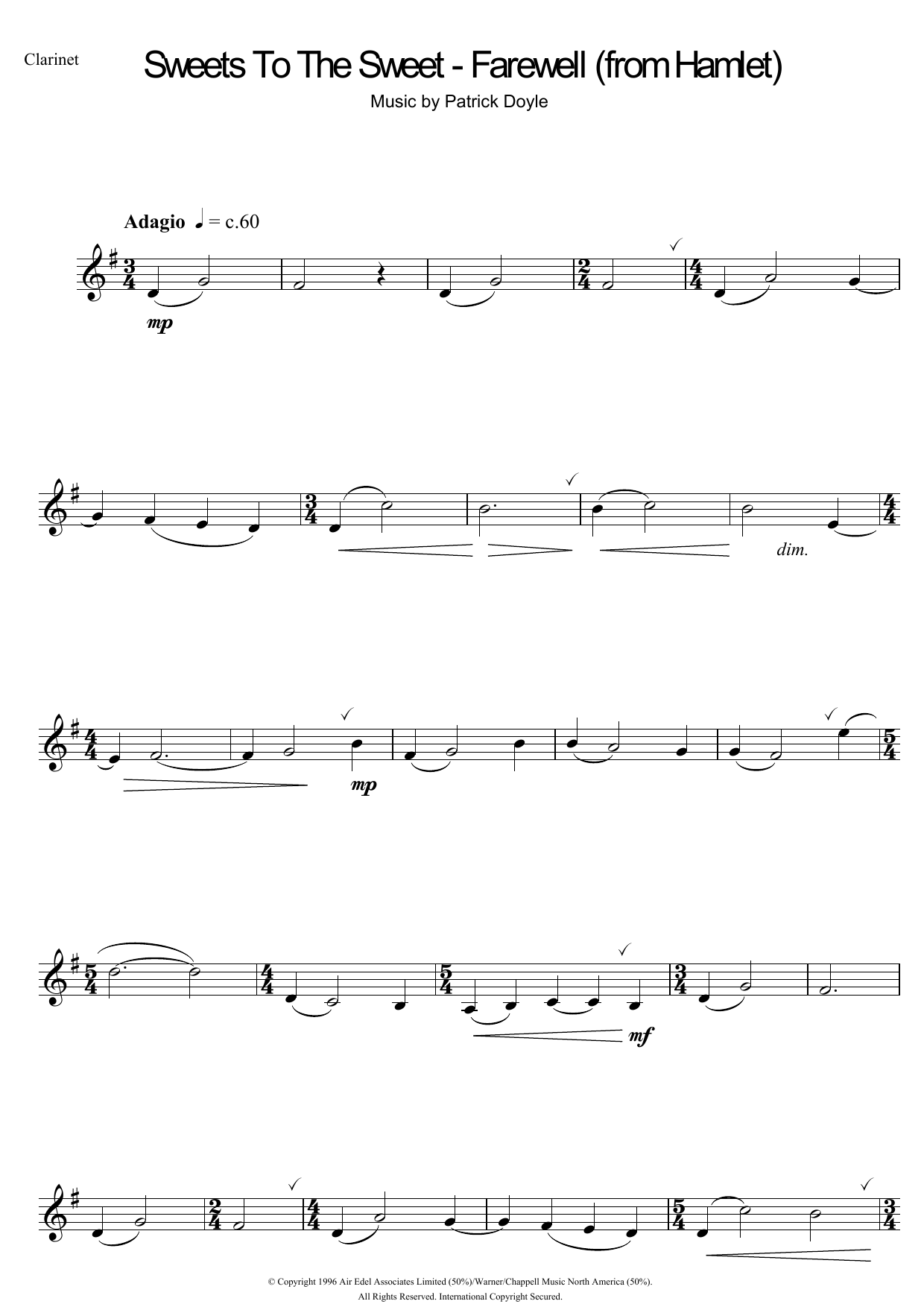Patrick Doyle Sweets To The Sweet - Farewell (from Hamlet) sheet music notes and chords arranged for Alto Sax Solo
