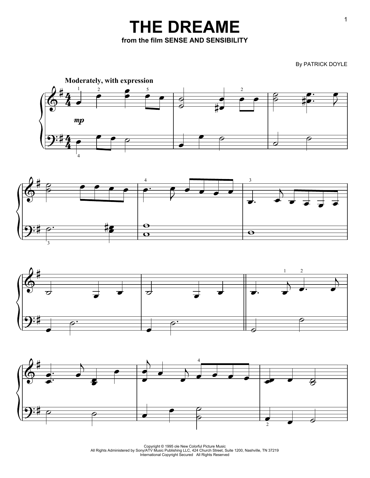 Patrick Doyle The Dreame (from Sense and Sensibility) sheet music notes and chords arranged for Very Easy Piano