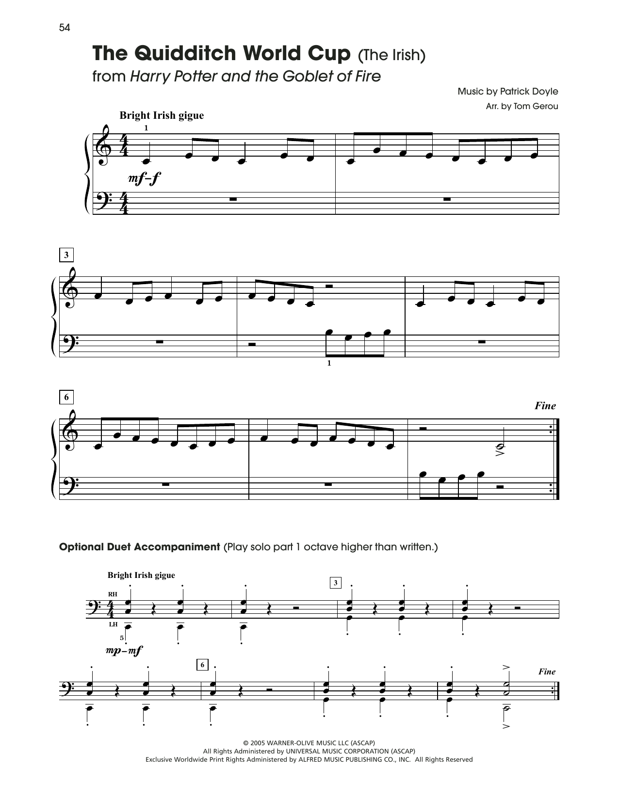 Patrick Doyle The Quidditch World Cup (from Harry Potter) (arr. Tom Gerou) sheet music notes and chords arranged for 5-Finger Piano