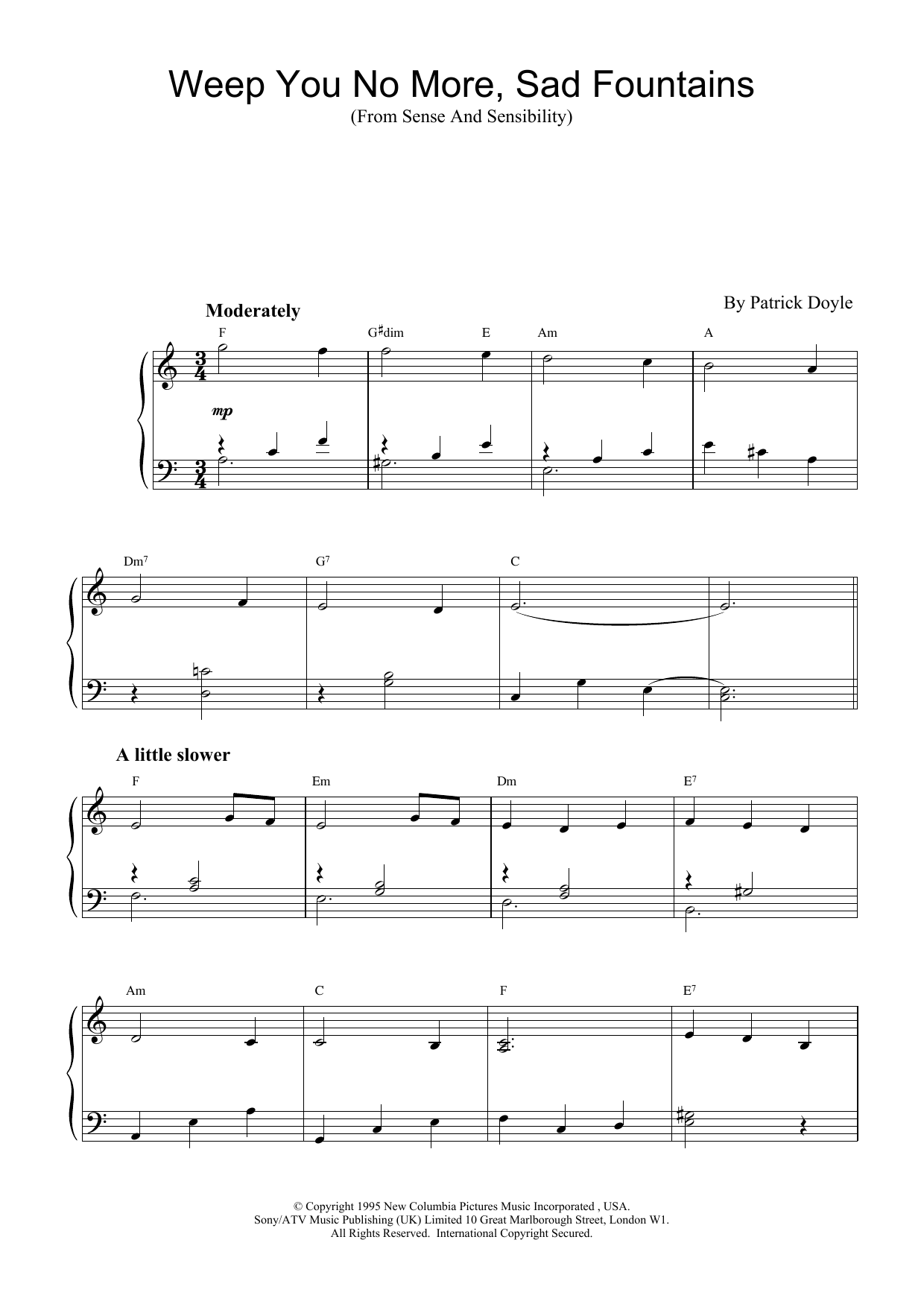Patrick Doyle Weep You No More, Sad Fountains (from Sense And Sensibility) sheet music notes and chords arranged for Piano Solo