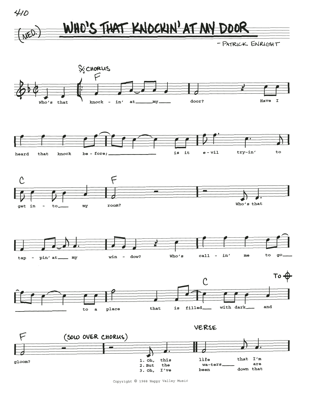 Patrick Enright Who's That Knockin' At My Door sheet music notes and chords arranged for Real Book – Melody, Lyrics & Chords