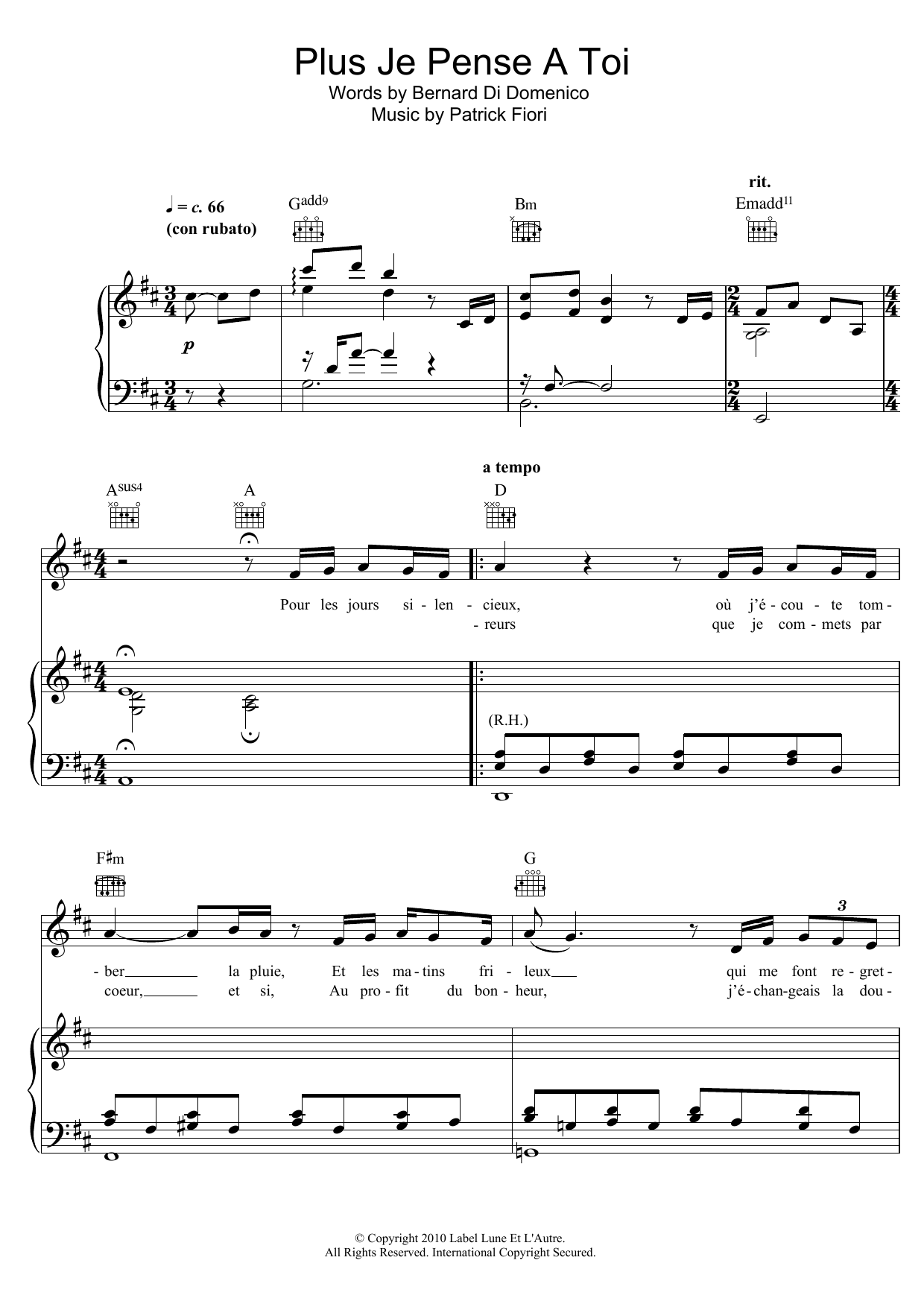 Patrick Fiori Plus Je Pense A Toi sheet music notes and chords arranged for Piano, Vocal & Guitar Chords