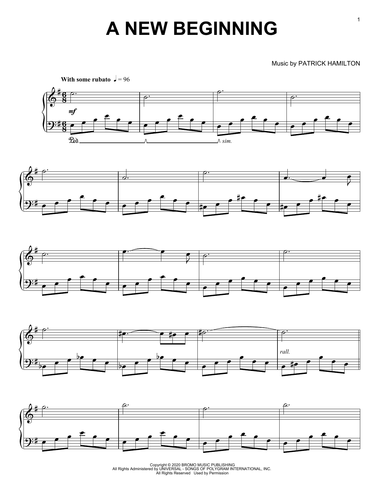 Patrick Hamilton A New Beginning sheet music notes and chords arranged for Piano Solo