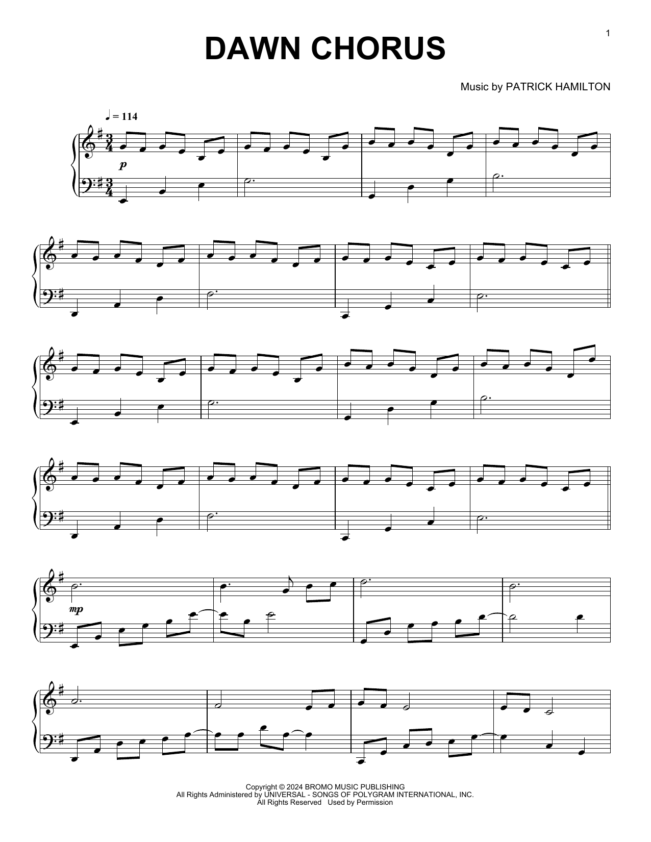 Patrick Hamilton Dawn Chorus sheet music notes and chords arranged for Piano Solo