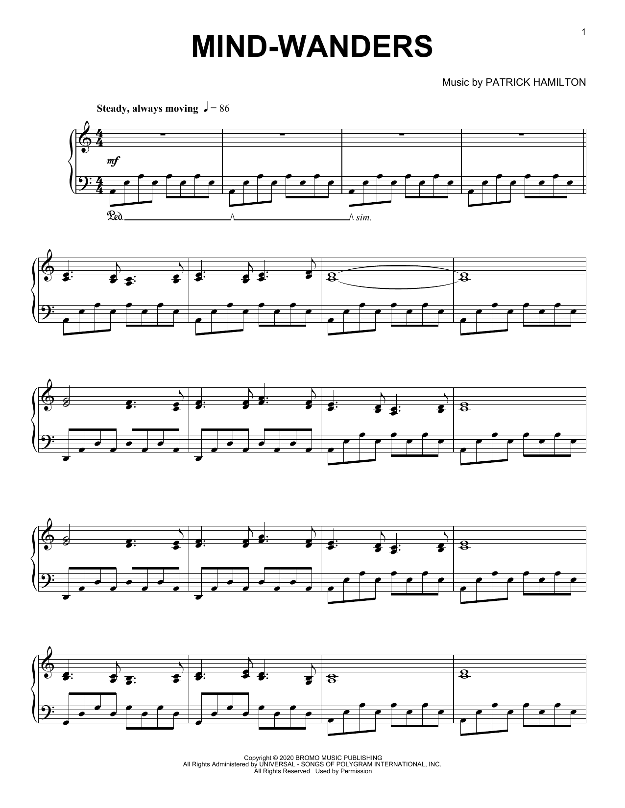 Patrick Hamilton Mind-wanders sheet music notes and chords arranged for Piano Solo