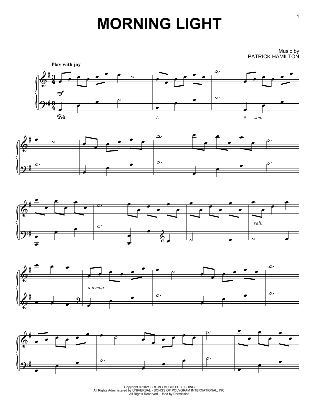 Patrick Hamilton Morning Light sheet music notes and chords arranged for Piano Solo