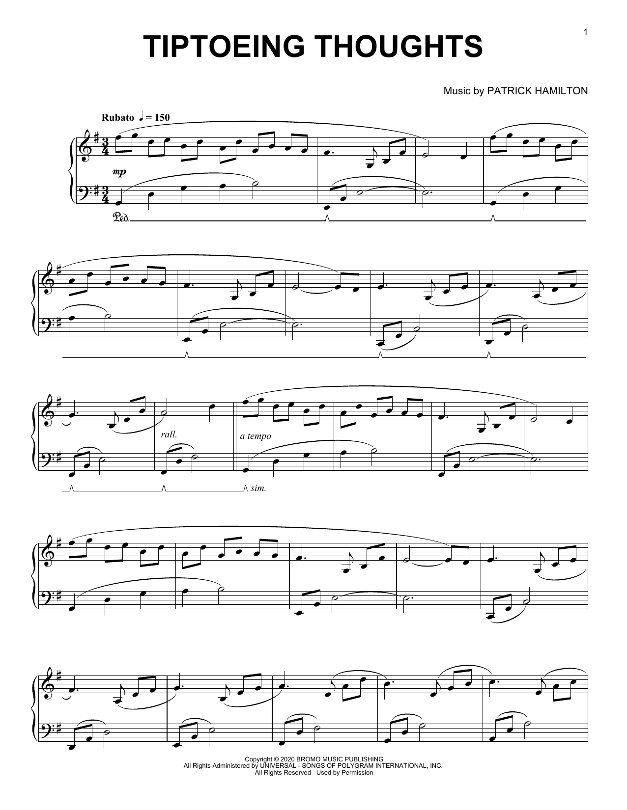 Patrick Hamilton Tiptoeing thoughts sheet music notes and chords arranged for Piano Solo