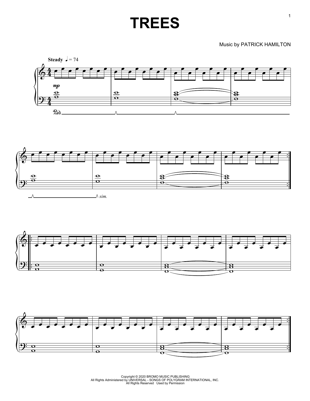 Patrick Hamilton Trees sheet music notes and chords arranged for Piano Solo