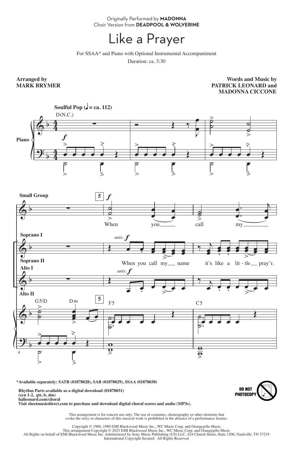 Patrick Leonard and Madonna Ciccone Like A Prayer (from Deadpool & Wolverine) (arr. Mark Brymer) sheet music notes and chords arranged for SSAA Choir
